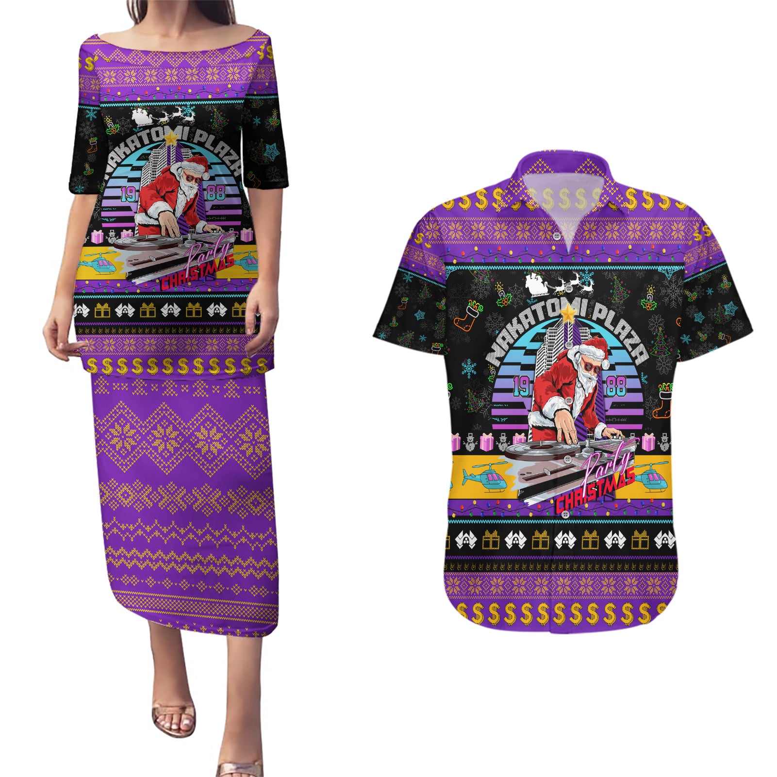 Nakatomi Plaza Christmas Party 1988 Couples Matching Puletasi Dress and Hawaiian Shirt DJ Santa Claus - Wonder Print Shop