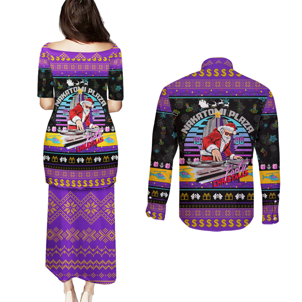 Nakatomi Plaza Christmas Party 1988 Couples Matching Puletasi Dress and Long Sleeve Button Shirts DJ Santa Claus - Wonder Print Shop