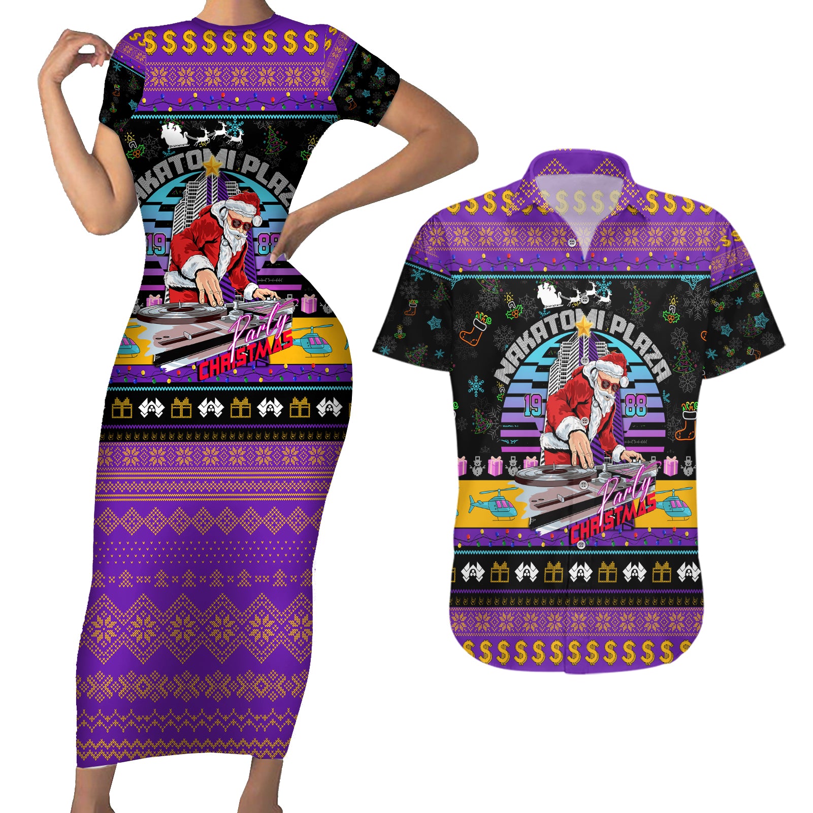 Nakatomi Plaza Christmas Party 1988 Couples Matching Short Sleeve Bodycon Dress and Hawaiian Shirt DJ Santa Claus - Wonder Print Shop