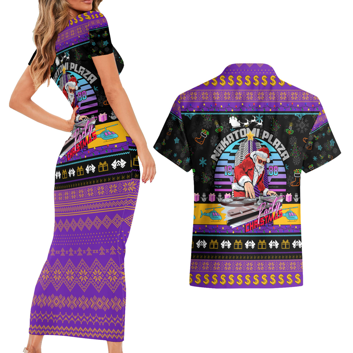 Nakatomi Plaza Christmas Party 1988 Couples Matching Short Sleeve Bodycon Dress and Hawaiian Shirt DJ Santa Claus - Wonder Print Shop