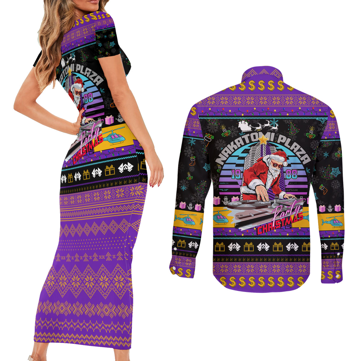 Nakatomi Plaza Christmas Party 1988 Couples Matching Short Sleeve Bodycon Dress and Long Sleeve Button Shirts DJ Santa Claus - Wonder Print Shop