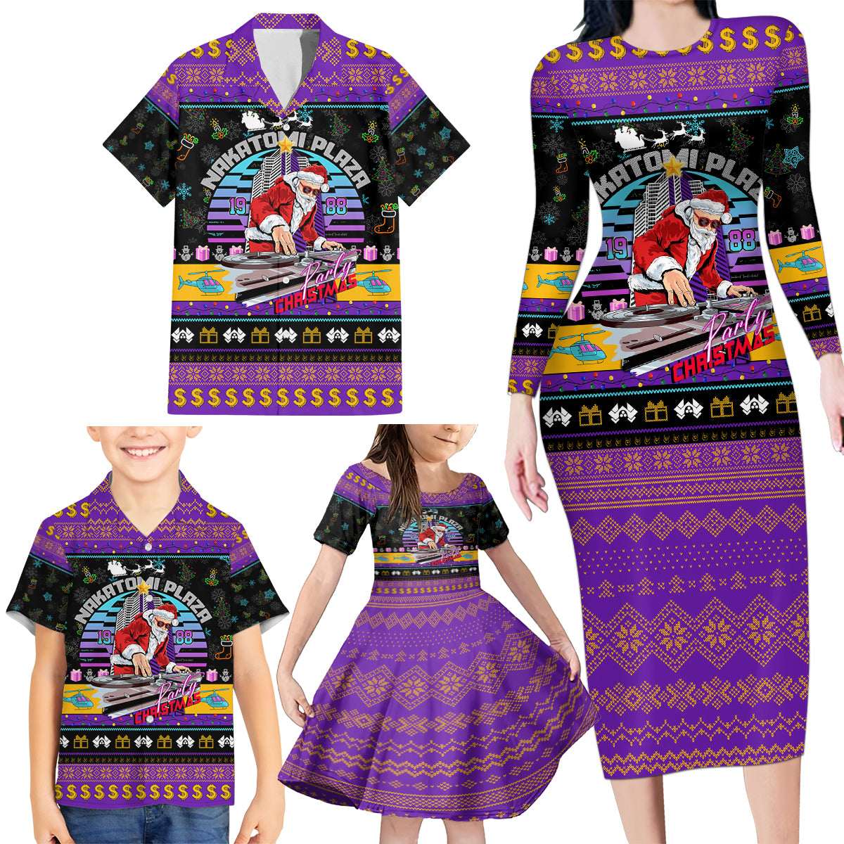 Nakatomi Plaza Christmas Party 1988 Family Matching Long Sleeve Bodycon Dress and Hawaiian Shirt DJ Santa Claus - Wonder Print Shop