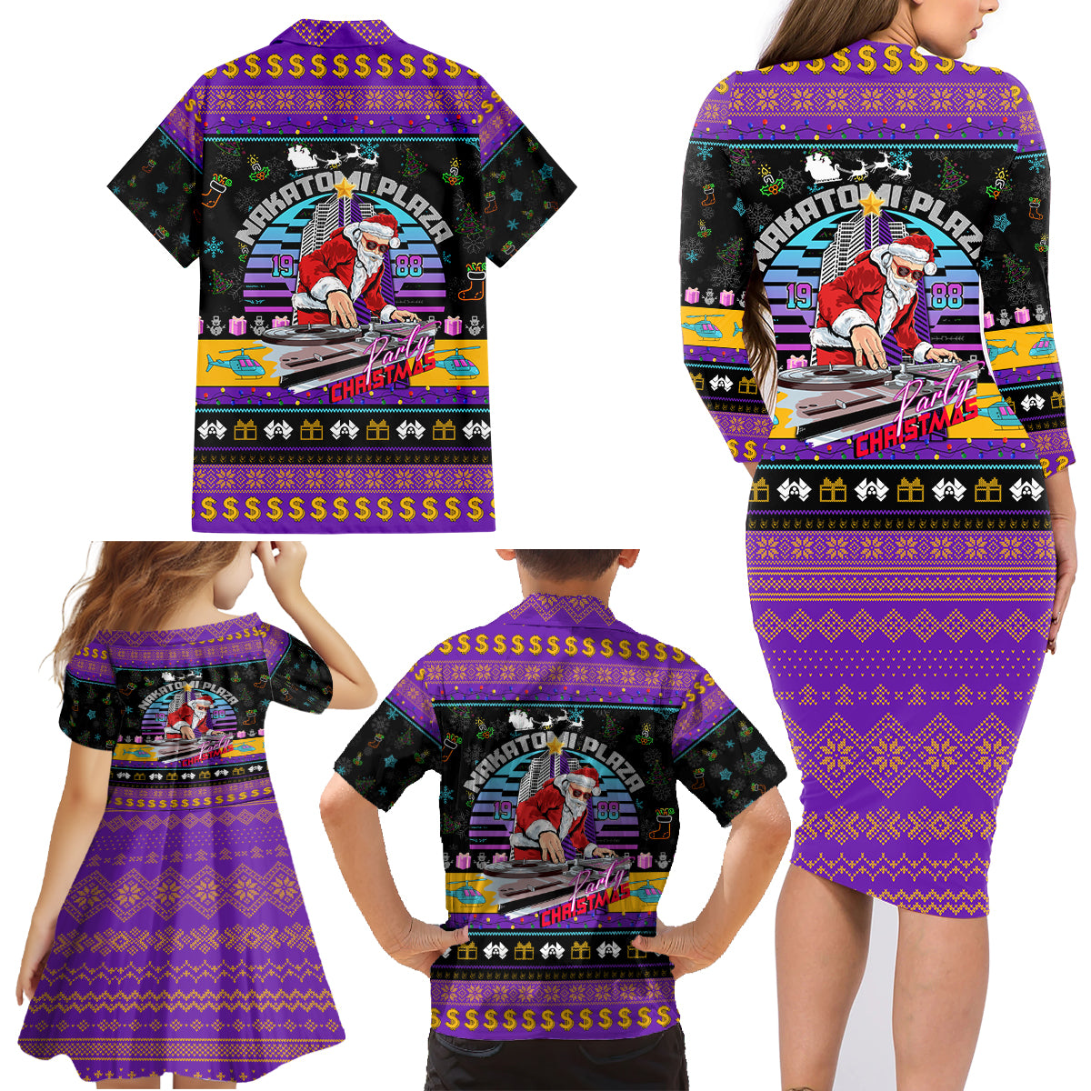 Nakatomi Plaza Christmas Party 1988 Family Matching Long Sleeve Bodycon Dress and Hawaiian Shirt DJ Santa Claus - Wonder Print Shop