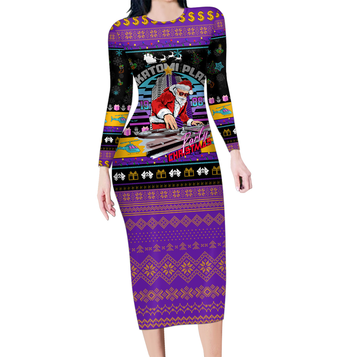 Nakatomi Plaza Christmas Party 1988 Family Matching Long Sleeve Bodycon Dress and Hawaiian Shirt DJ Santa Claus - Wonder Print Shop