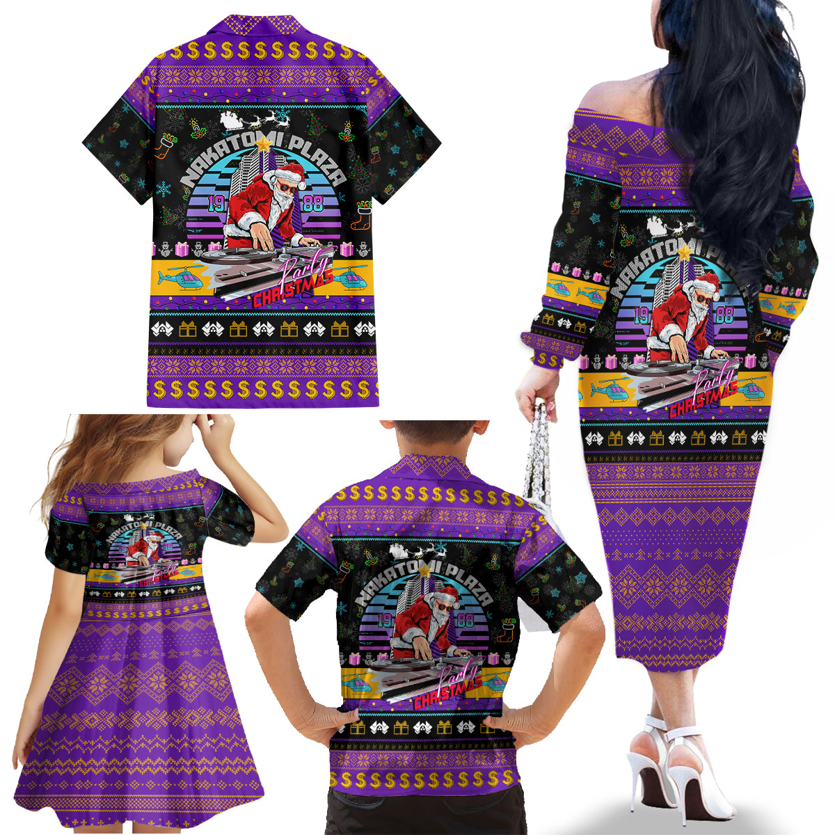 Nakatomi Plaza Christmas Party 1988 Family Matching Off Shoulder Long Sleeve Dress and Hawaiian Shirt DJ Santa Claus - Wonder Print Shop