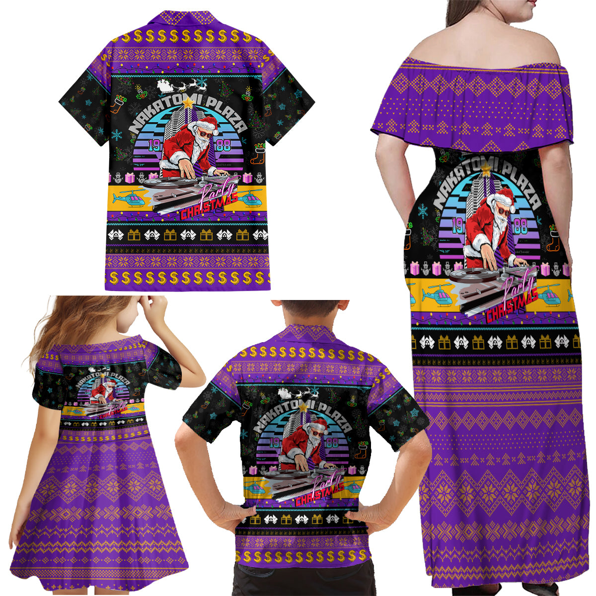 Nakatomi Plaza Christmas Party 1988 Family Matching Off Shoulder Maxi Dress and Hawaiian Shirt DJ Santa Claus - Wonder Print Shop
