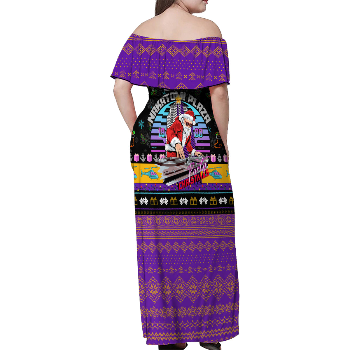 Nakatomi Plaza Christmas Party 1988 Family Matching Off Shoulder Maxi Dress and Hawaiian Shirt DJ Santa Claus - Wonder Print Shop