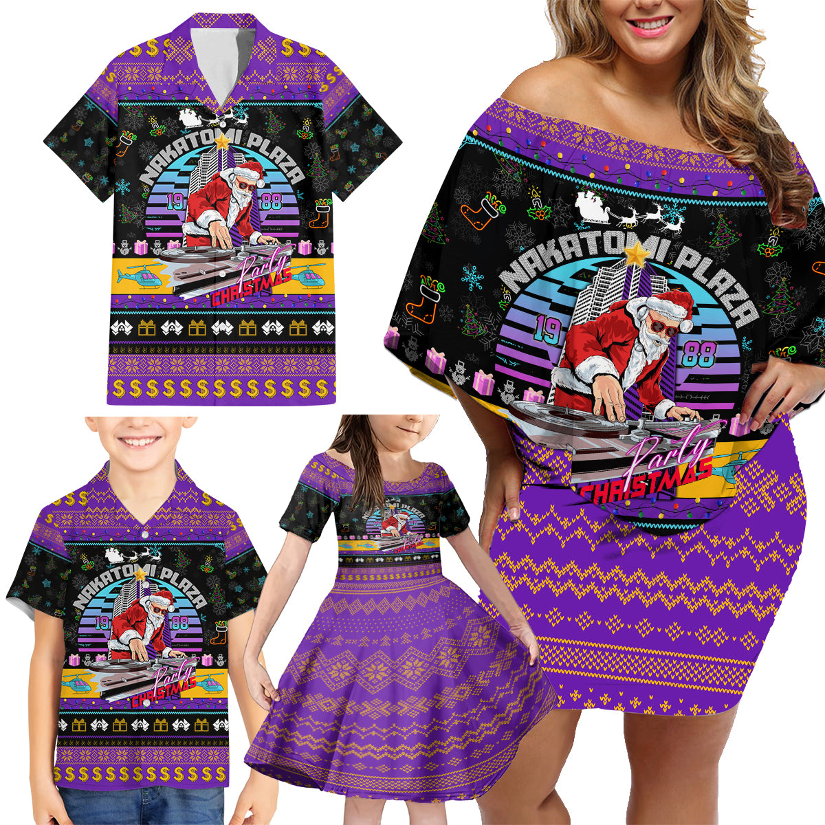 Nakatomi Plaza Christmas Party 1988 Family Matching Off Shoulder Short Dress and Hawaiian Shirt DJ Santa Claus - Wonder Print Shop