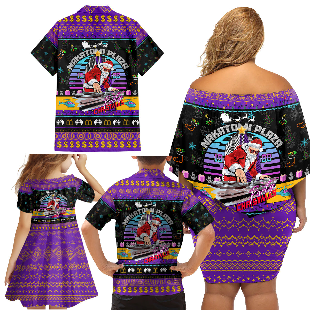 Nakatomi Plaza Christmas Party 1988 Family Matching Off Shoulder Short Dress and Hawaiian Shirt DJ Santa Claus - Wonder Print Shop