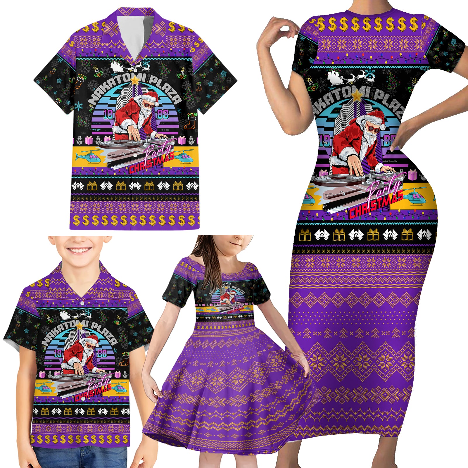 Nakatomi Plaza Christmas Party 1988 Family Matching Short Sleeve Bodycon Dress and Hawaiian Shirt DJ Santa Claus - Wonder Print Shop