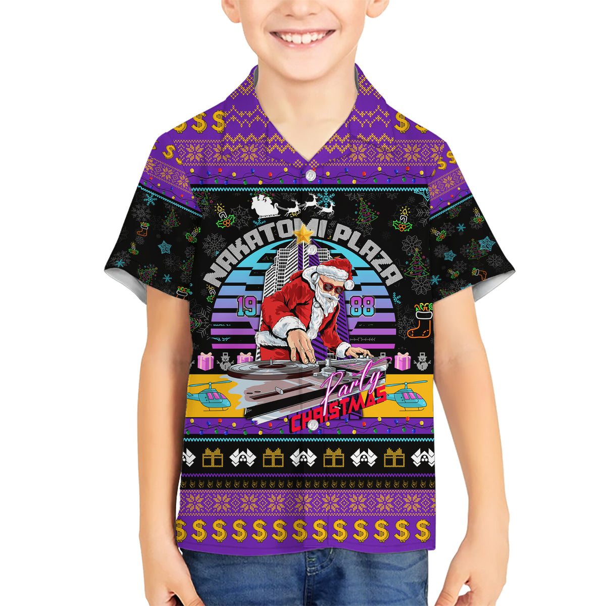 Nakatomi Plaza Christmas Party 1988 Family Matching Short Sleeve Bodycon Dress and Hawaiian Shirt DJ Santa Claus - Wonder Print Shop
