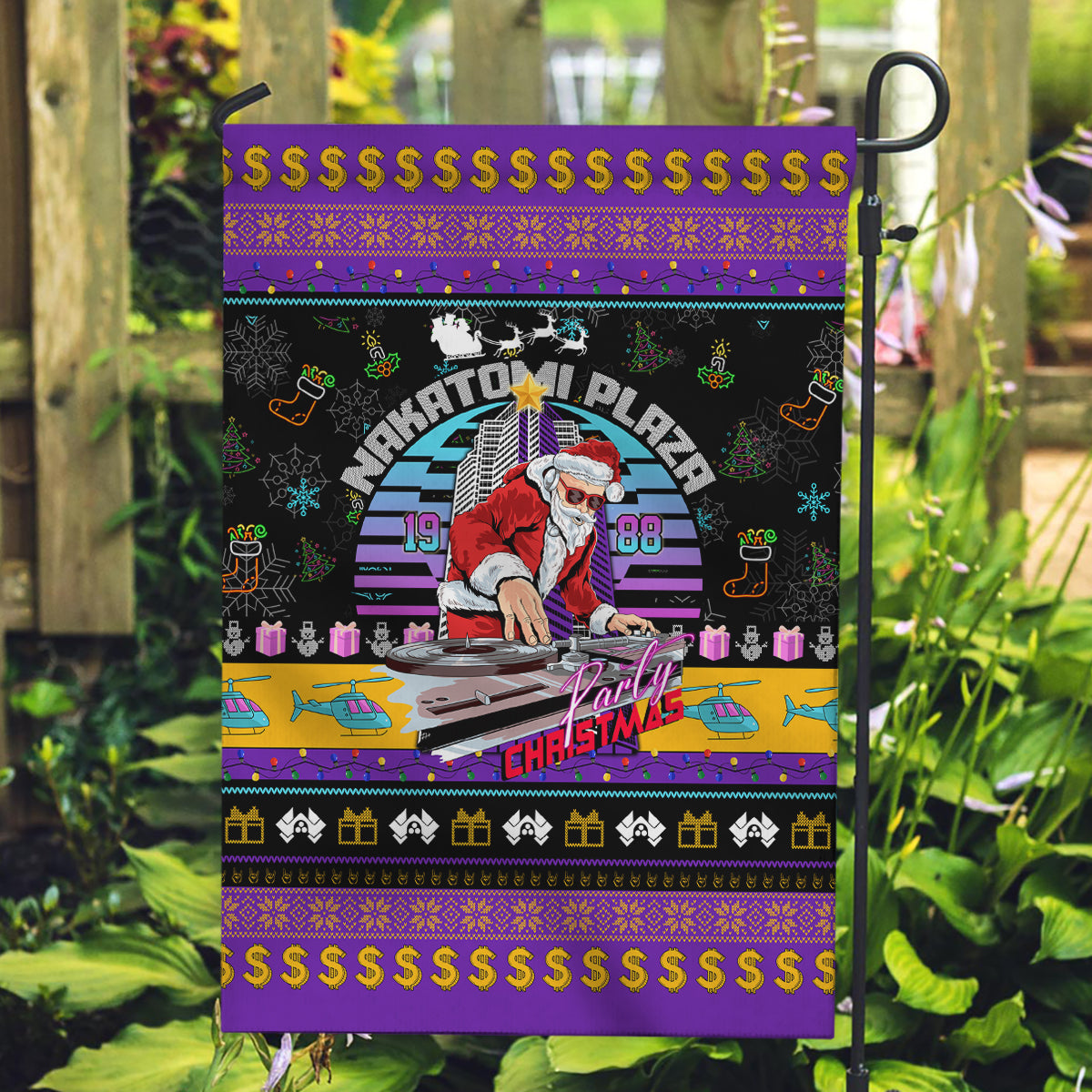 Nakatomi Plaza Christmas Party 1988 Garden Flag DJ Santa Claus - Wonder Print Shop