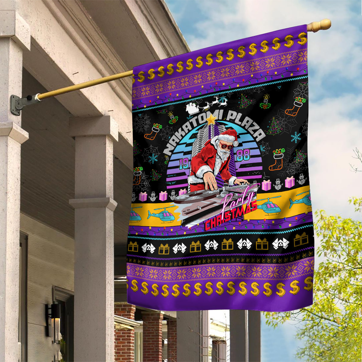 Nakatomi Plaza Christmas Party 1988 Garden Flag DJ Santa Claus - Wonder Print Shop