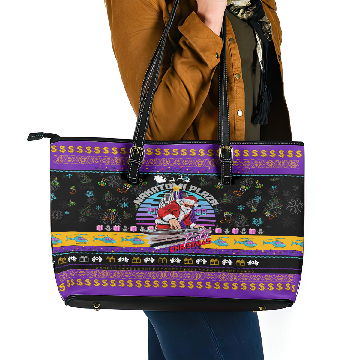 Nakatomi Plaza Christmas Party 1988 Leather Tote Bag DJ Santa Claus - Wonder Print Shop