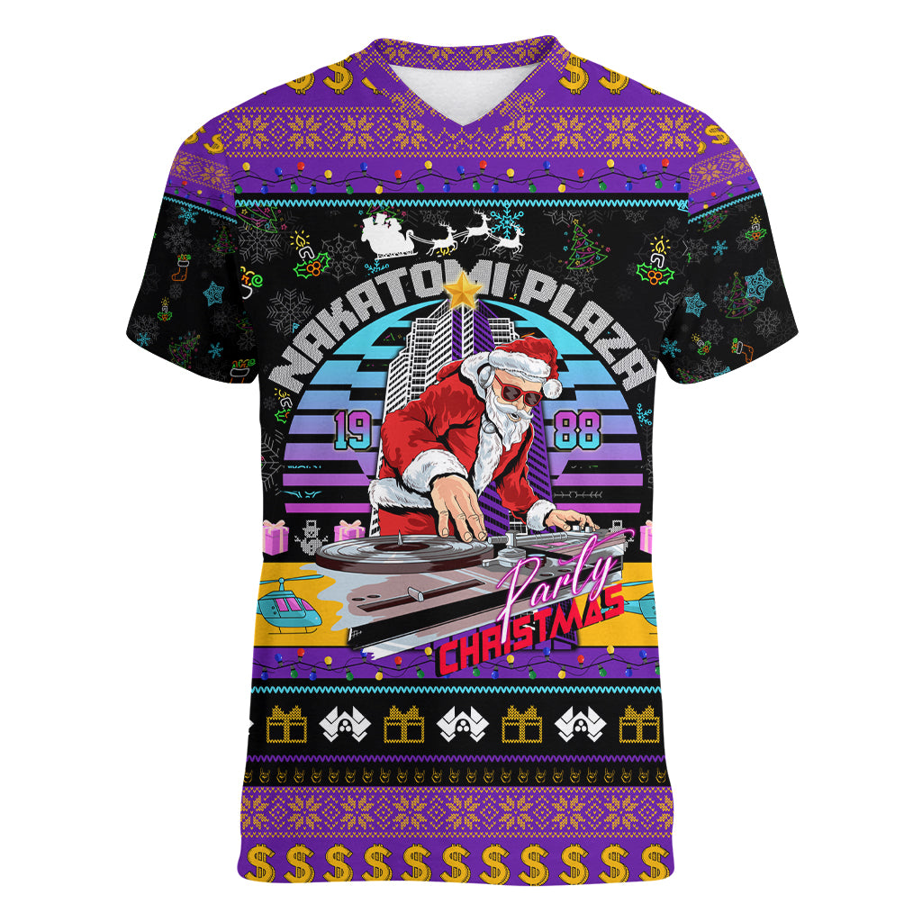 Nakatomi Plaza Christmas Party 1988 Women V Neck T Shirt DJ Santa Claus - Wonder Print Shop