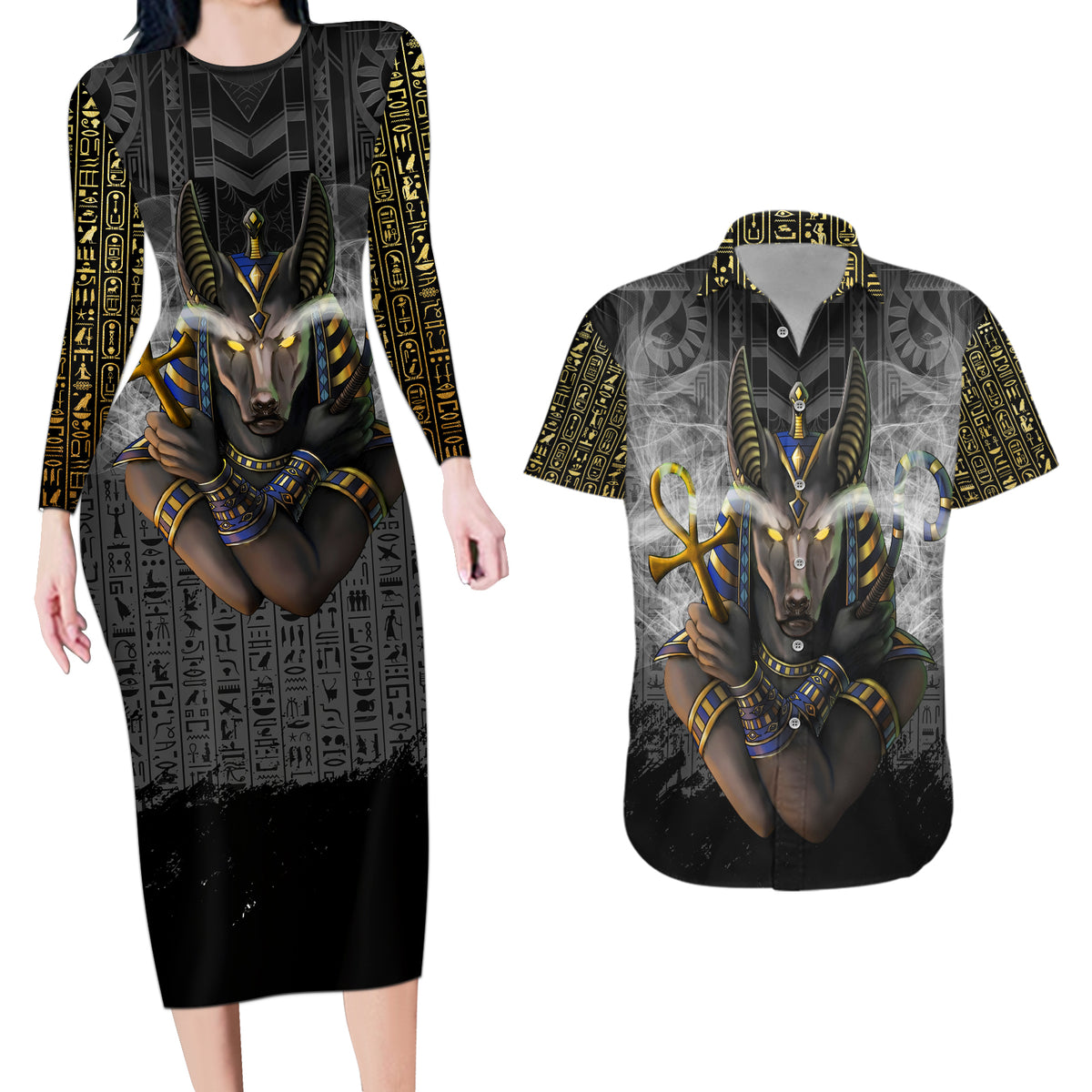Anubis Couples Matching Long Sleeve Bodycon Dress and Hawaiian Shirt Egypt Pattern Black - Wonder Print Shop