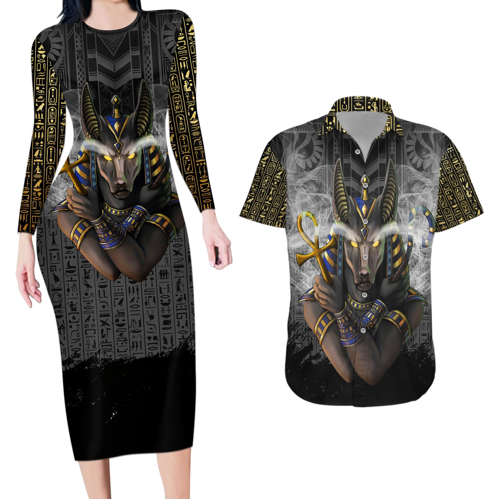 Anubis Couples Matching Long Sleeve Bodycon Dress and Hawaiian Shirt Egypt Pattern Black