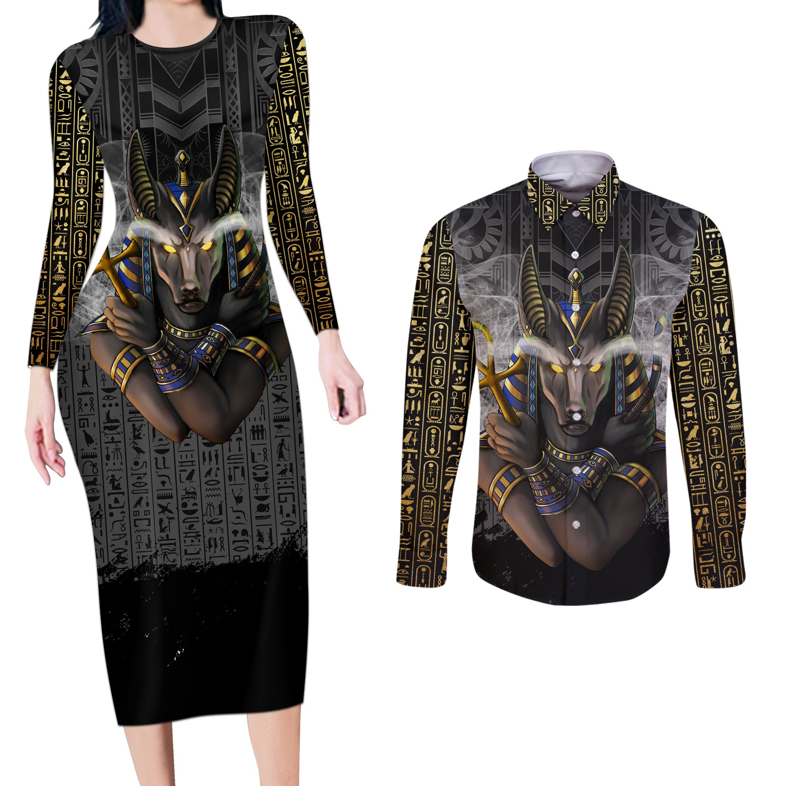 Anubis Couples Matching Long Sleeve Bodycon Dress and Long Sleeve Button Shirt Egypt Pattern Black