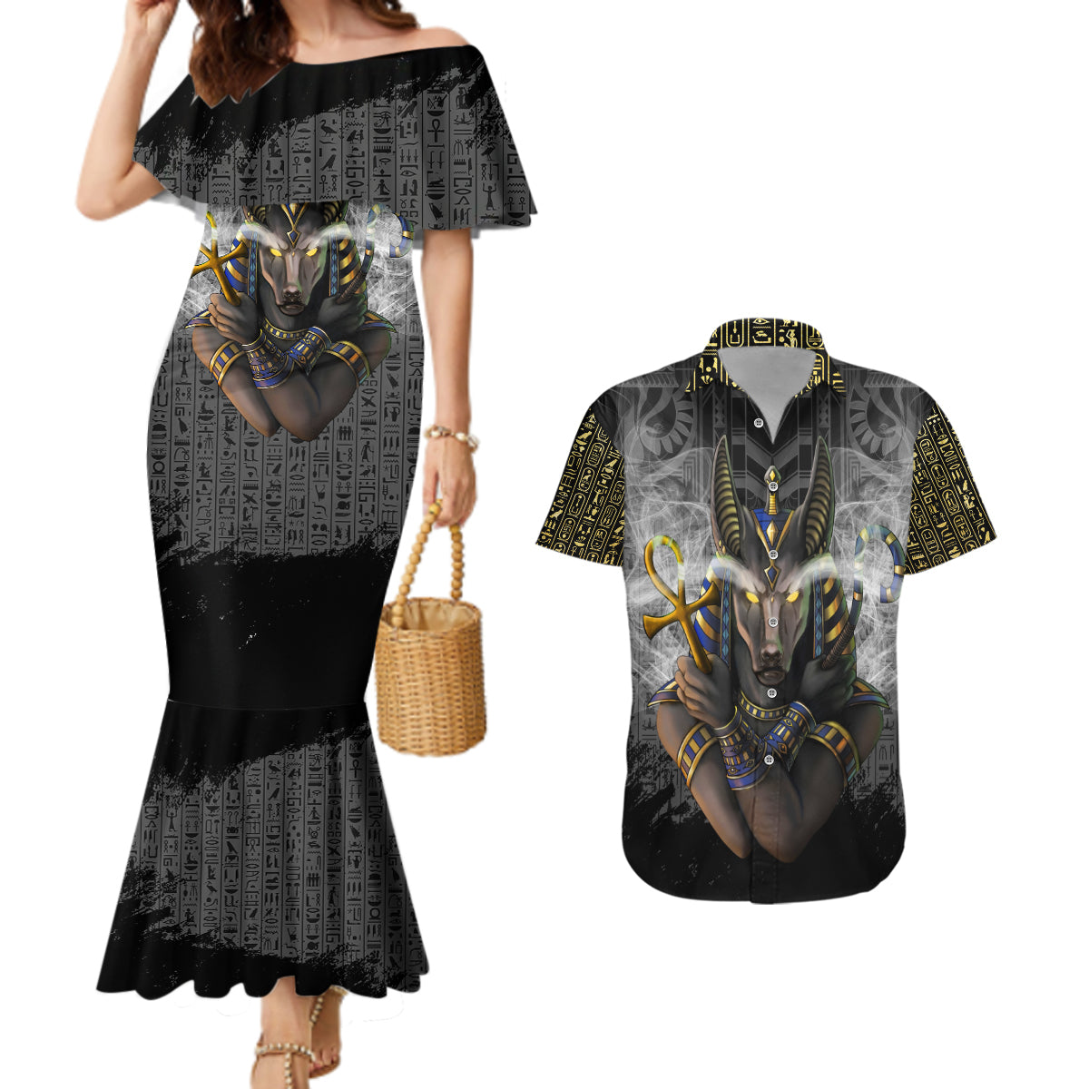 Anubis Couples Matching Mermaid Dress and Hawaiian Shirt Egypt Pattern Black