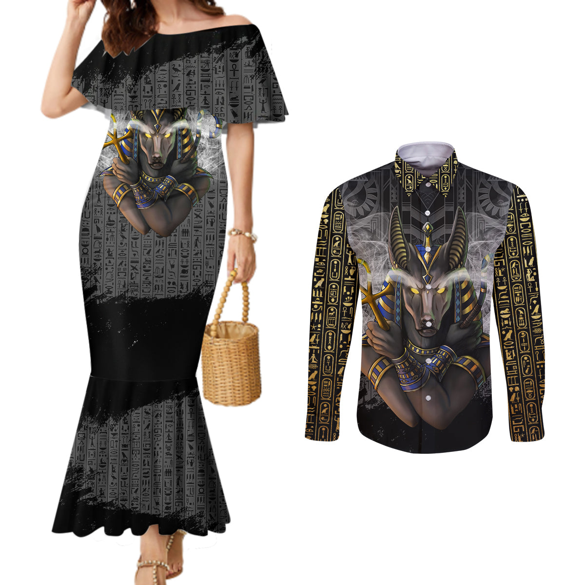 Anubis Couples Matching Mermaid Dress and Long Sleeve Button Shirt Egypt Pattern Black