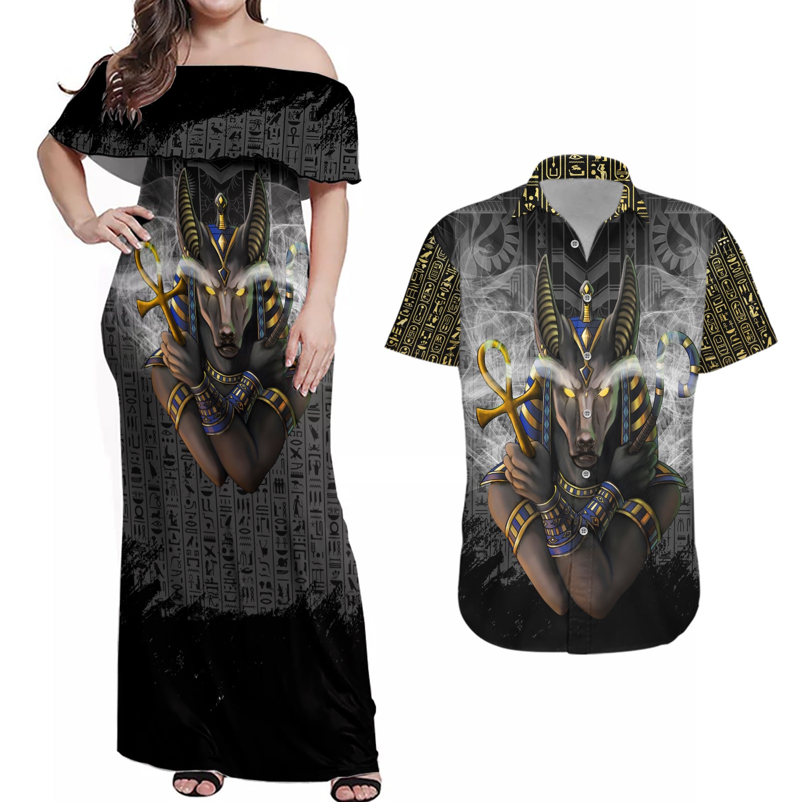 Anubis Couples Matching Off Shoulder Maxi Dress and Hawaiian Shirt Egypt Pattern Black