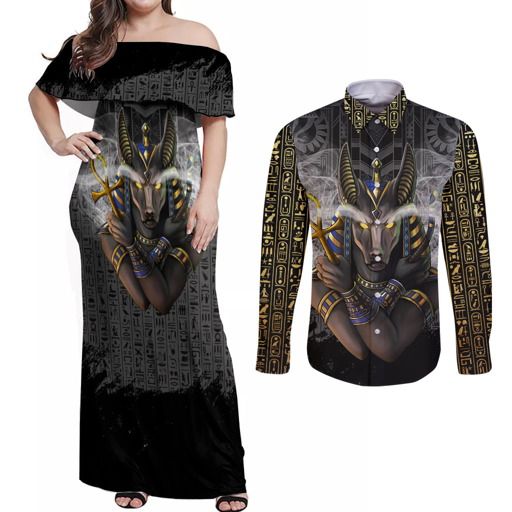 Anubis Couples Matching Off Shoulder Maxi Dress and Long Sleeve Button Shirt Egypt Pattern Black