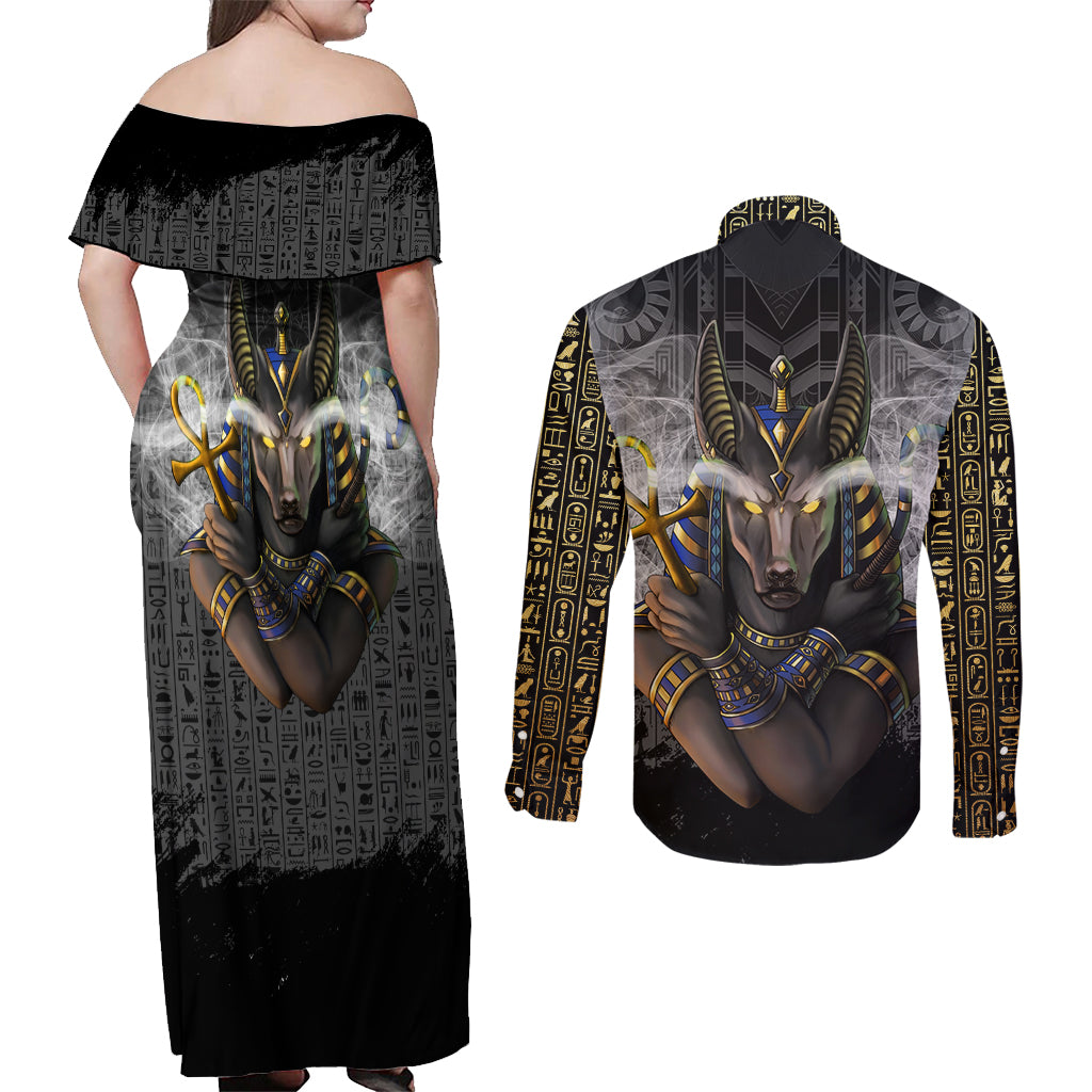 Anubis Couples Matching Off Shoulder Maxi Dress and Long Sleeve Button Shirt Egypt Pattern Black - Wonder Print Shop