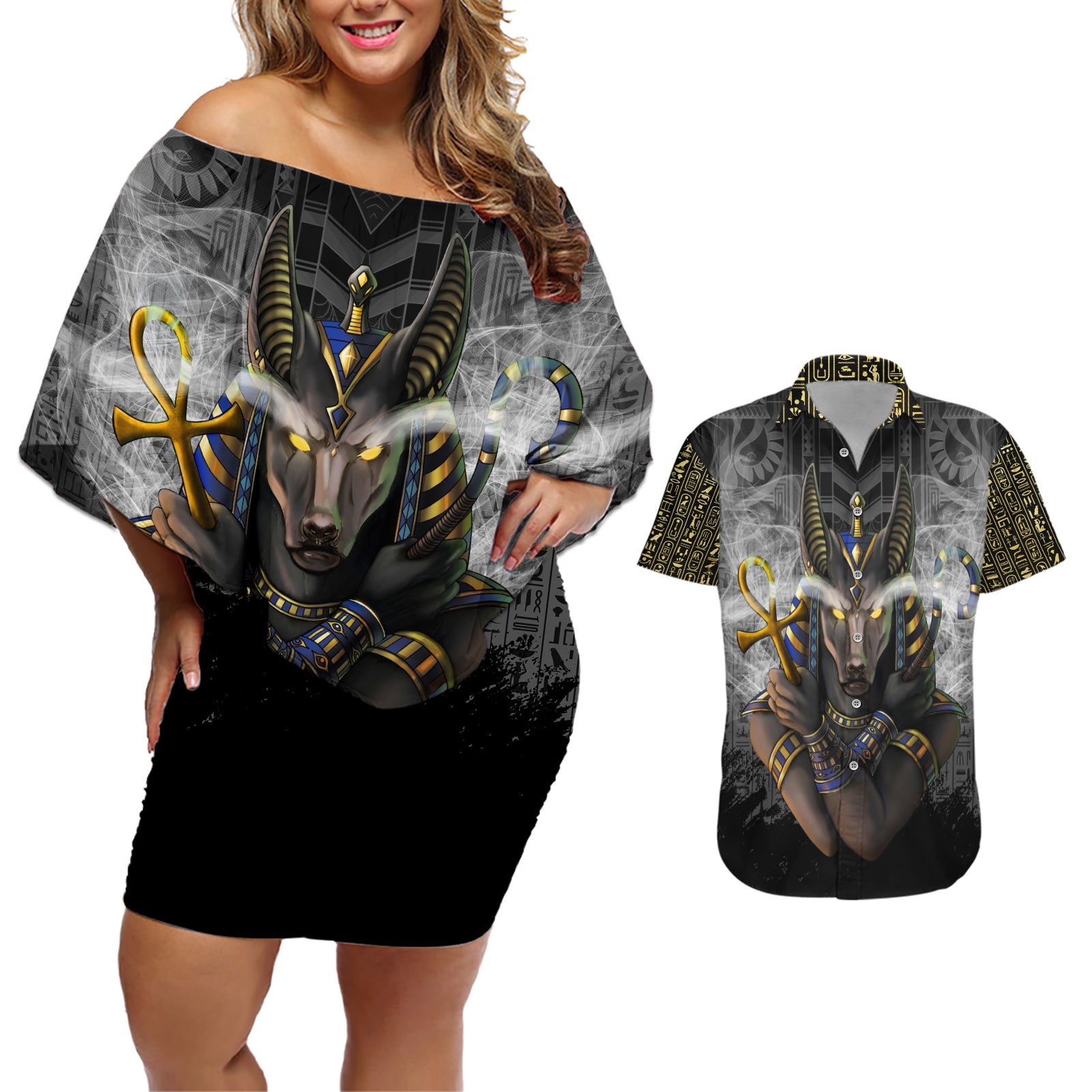 Anubis Couples Matching Off Shoulder Short Dress and Hawaiian Shirt Egypt Pattern Black