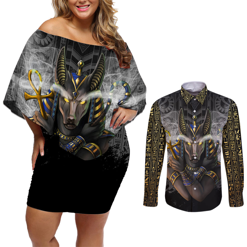 Anubis Couples Matching Off Shoulder Short Dress and Long Sleeve Button Shirt Egypt Pattern Black
