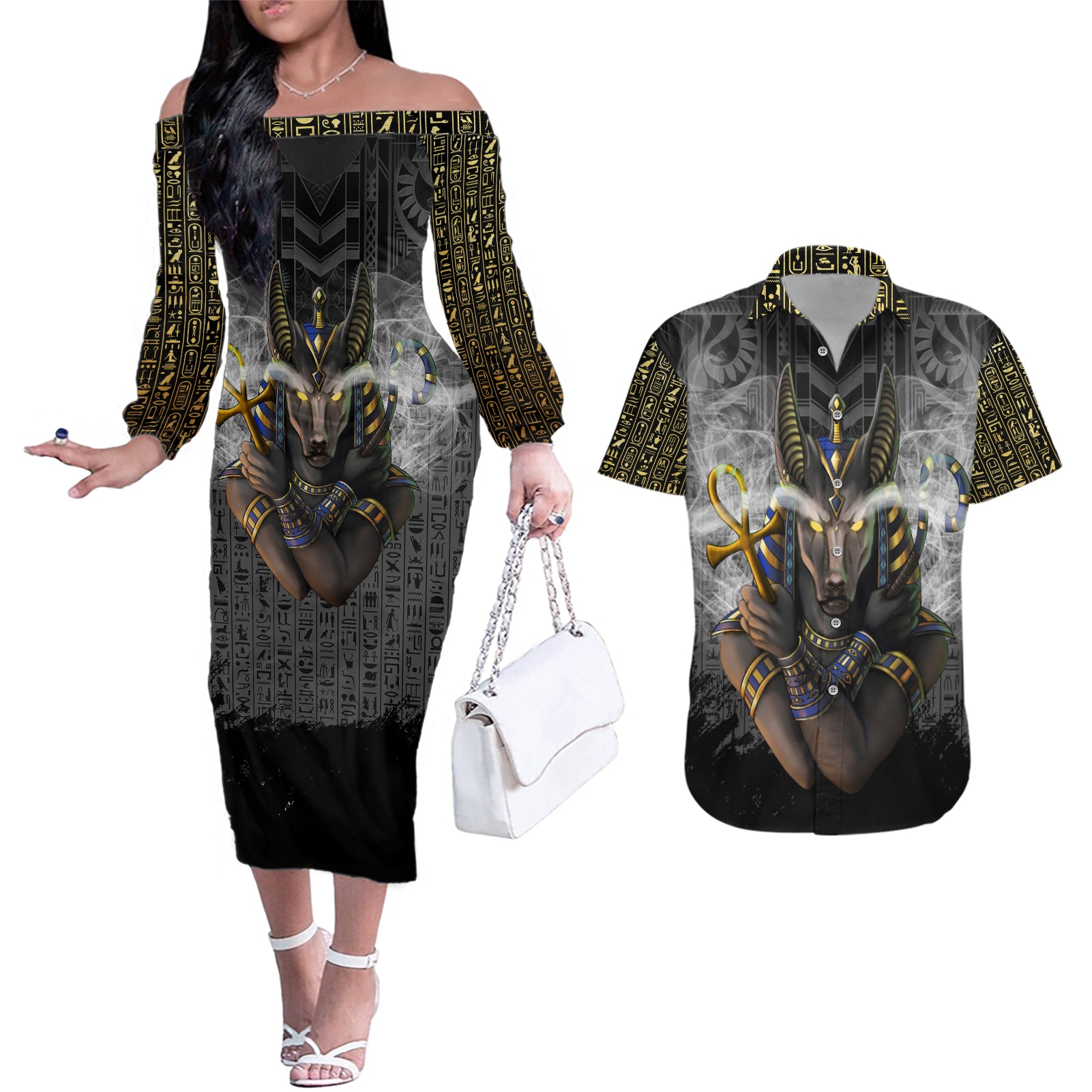 Anubis Couples Matching Off The Shoulder Long Sleeve Dress and Hawaiian Shirt Egypt Pattern Black