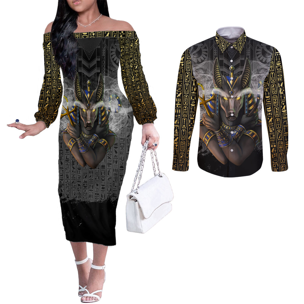 Anubis Couples Matching Off The Shoulder Long Sleeve Dress and Long Sleeve Button Shirt Egypt Pattern Black