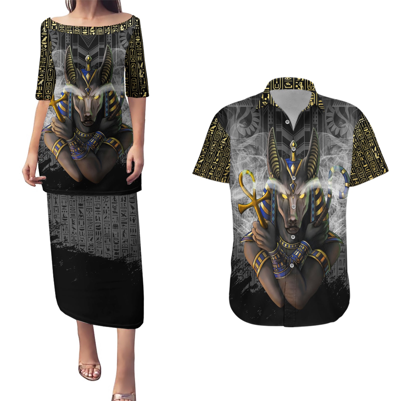 Anubis Couples Matching Puletasi and Hawaiian Shirt Egypt Pattern Black
