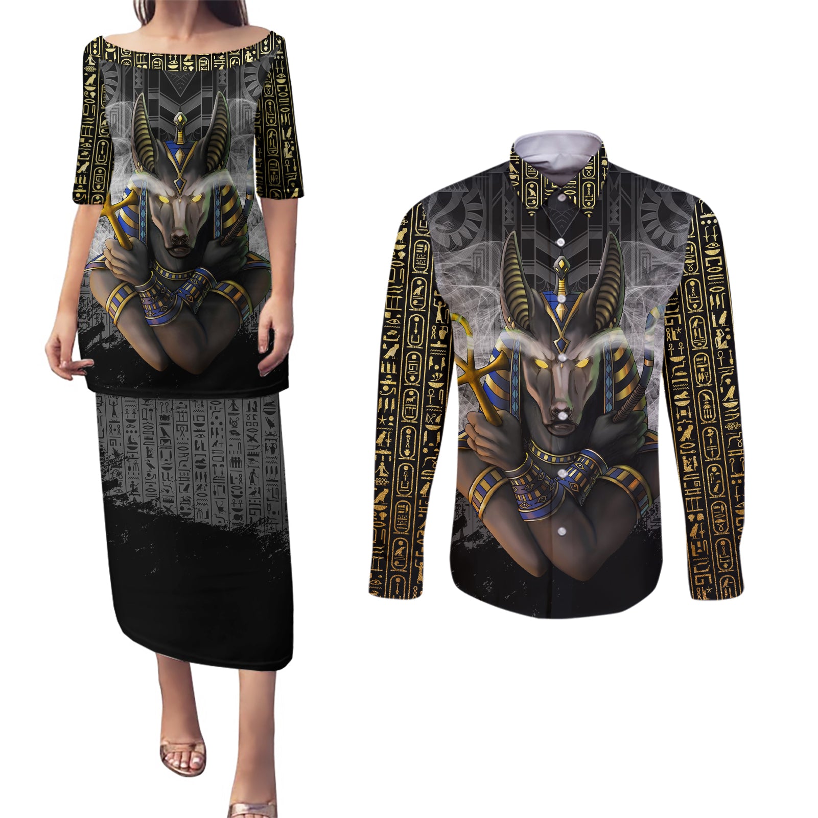 Anubis Couples Matching Puletasi and Long Sleeve Button Shirt Egypt Pattern Black