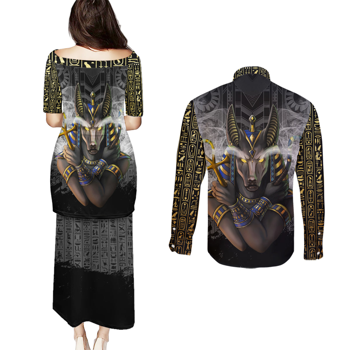 Anubis Couples Matching Puletasi and Long Sleeve Button Shirt Egypt Pattern Black - Wonder Print Shop