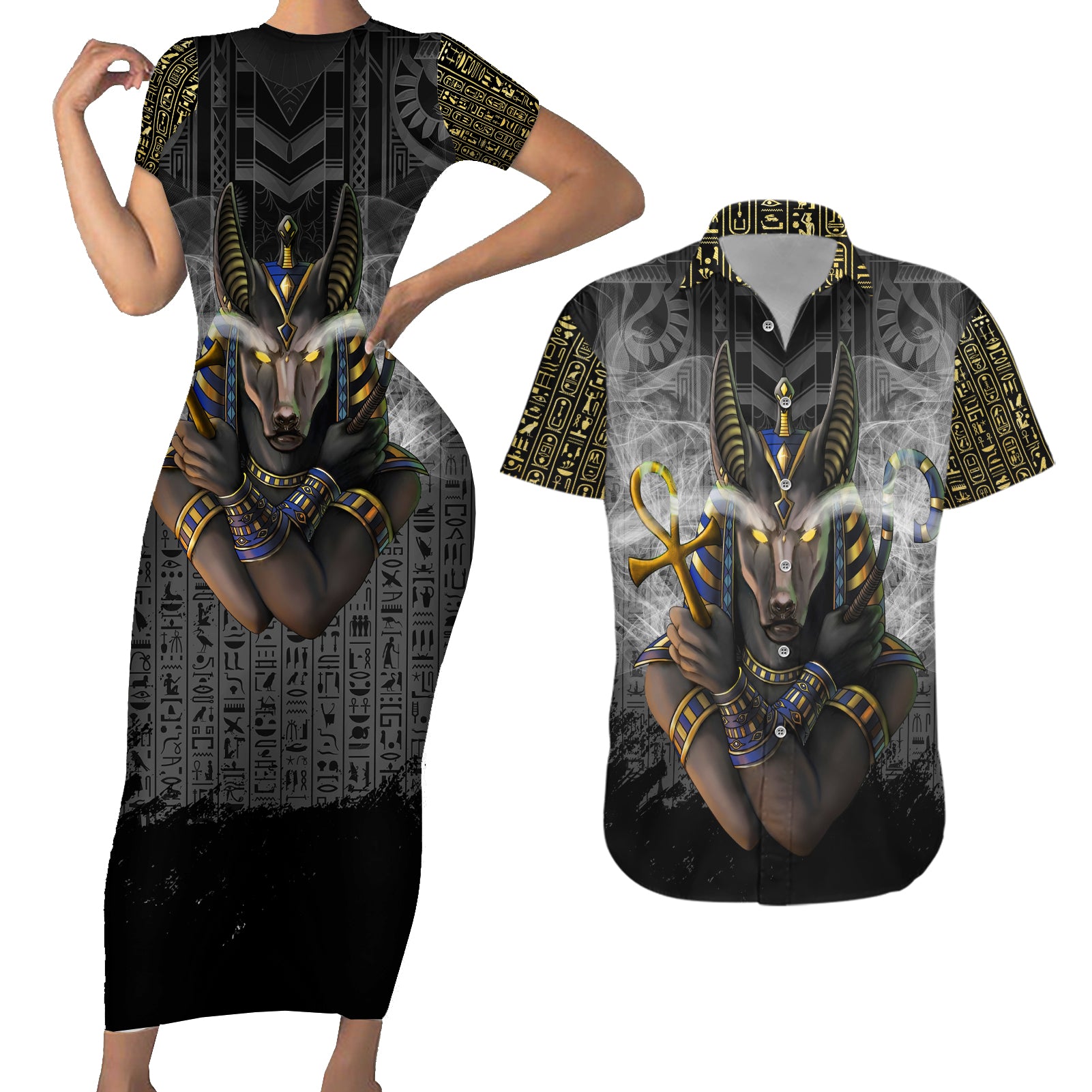 Anubis Couples Matching Short Sleeve Bodycon Dress and Hawaiian Shirt Egypt Pattern Black