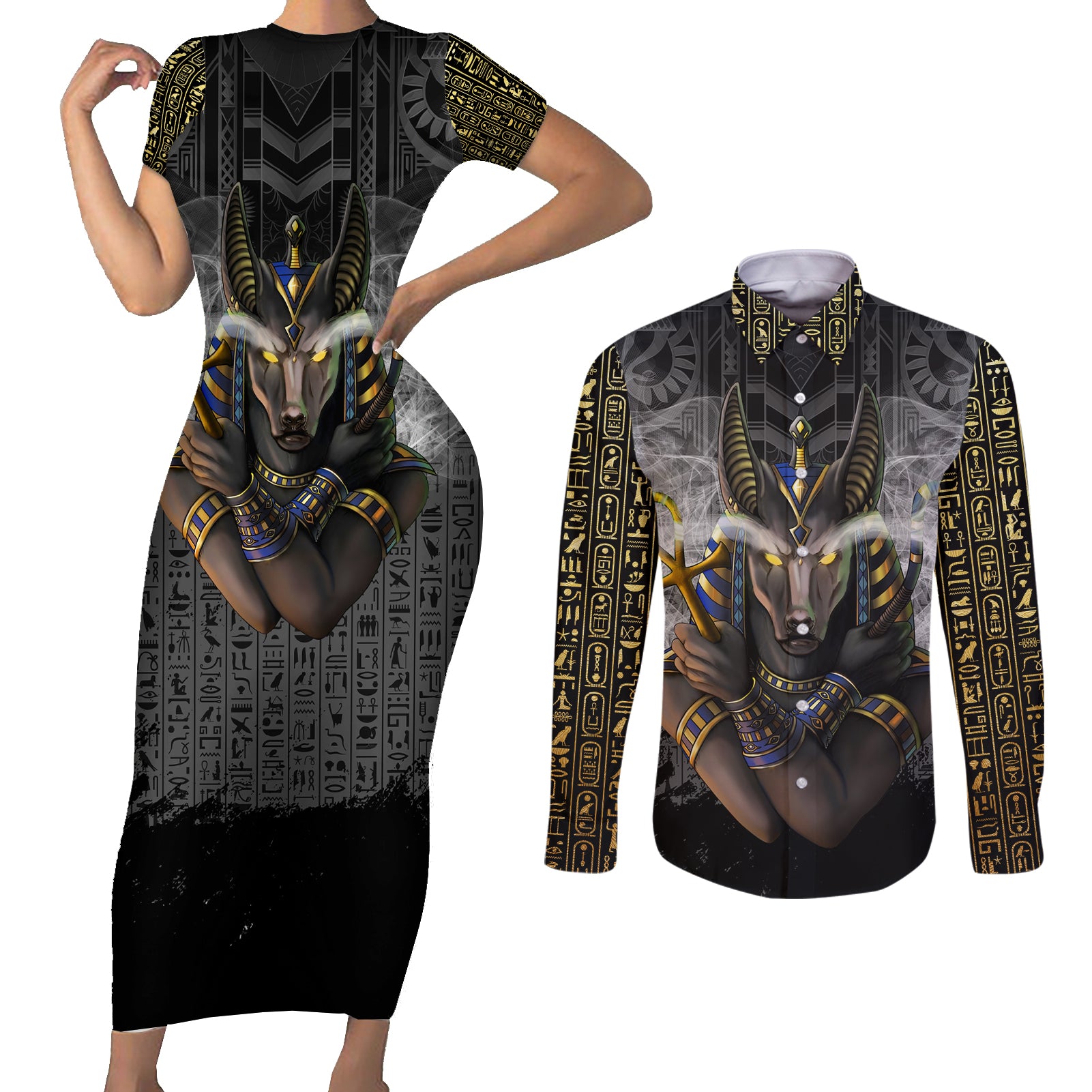 Anubis Couples Matching Short Sleeve Bodycon Dress and Long Sleeve Button Shirt Egypt Pattern Black