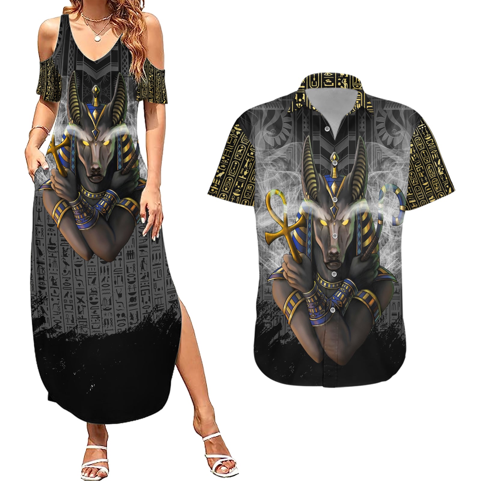 Anubis Couples Matching Summer Maxi Dress and Hawaiian Shirt Egypt Pattern Black