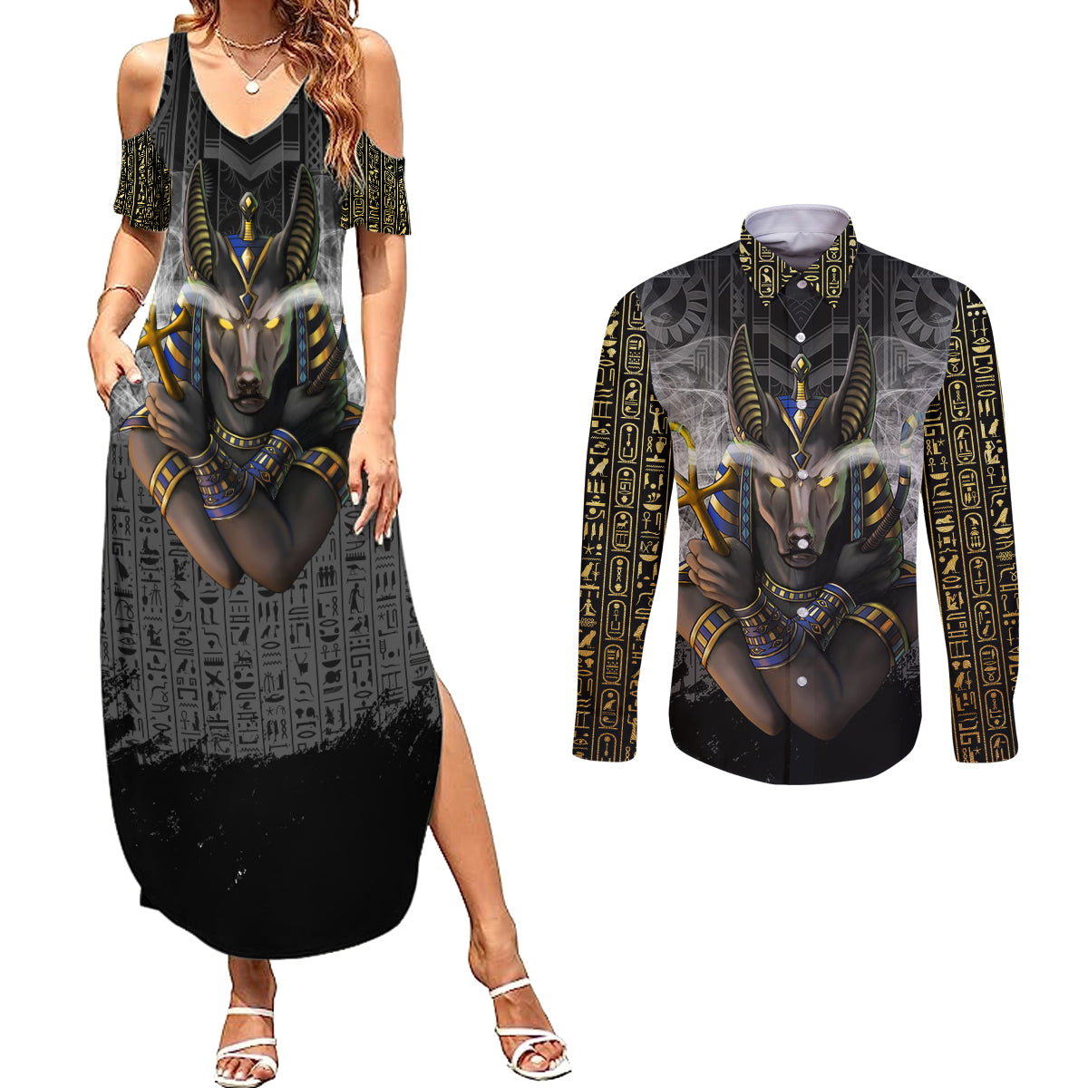 Anubis Couples Matching Summer Maxi Dress and Long Sleeve Button Shirt Egypt Pattern Black