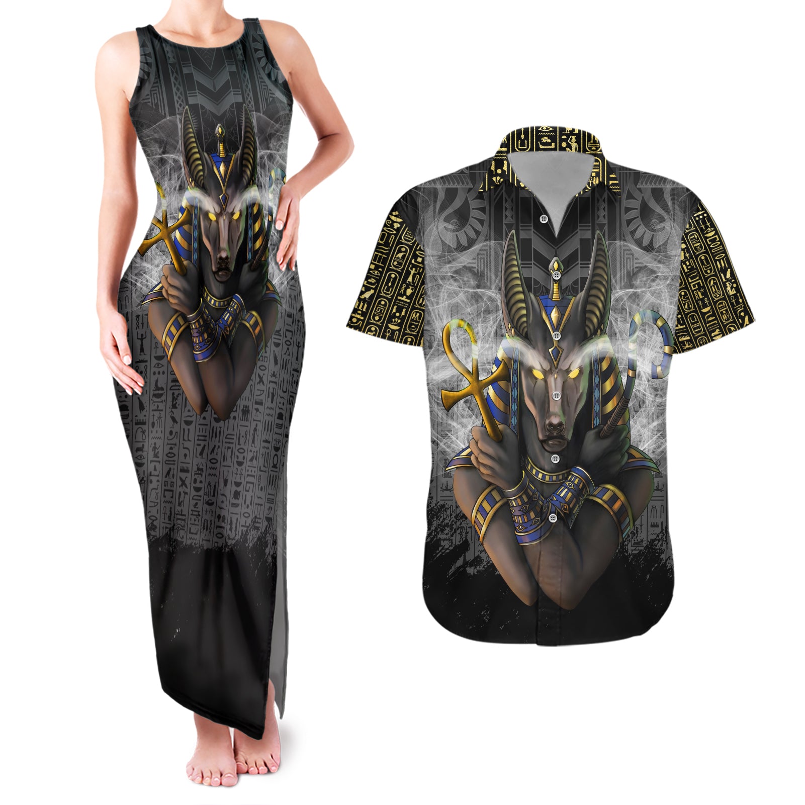 Anubis Couples Matching Tank Maxi Dress and Hawaiian Shirt Egypt Pattern Black