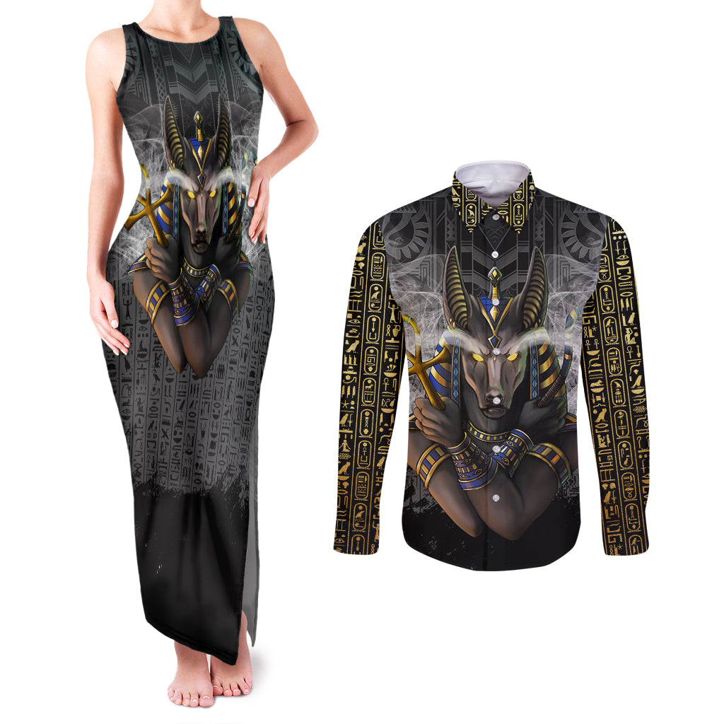 Anubis Couples Matching Tank Maxi Dress and Long Sleeve Button Shirt Egypt Pattern Black