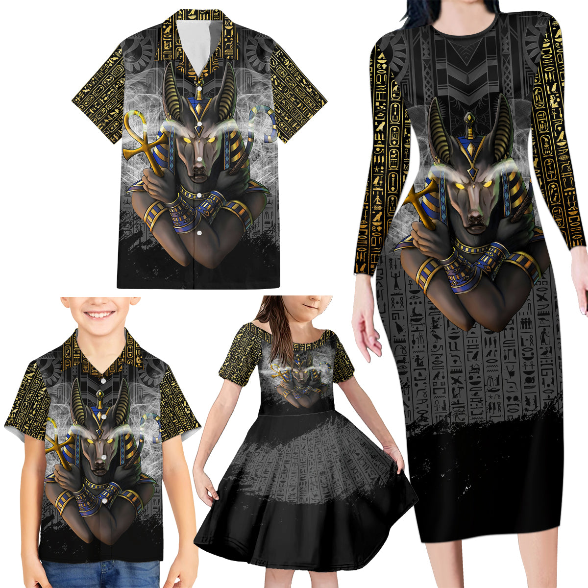 Anubis Family Matching Long Sleeve Bodycon Dress and Hawaiian Shirt Egypt Pattern Black