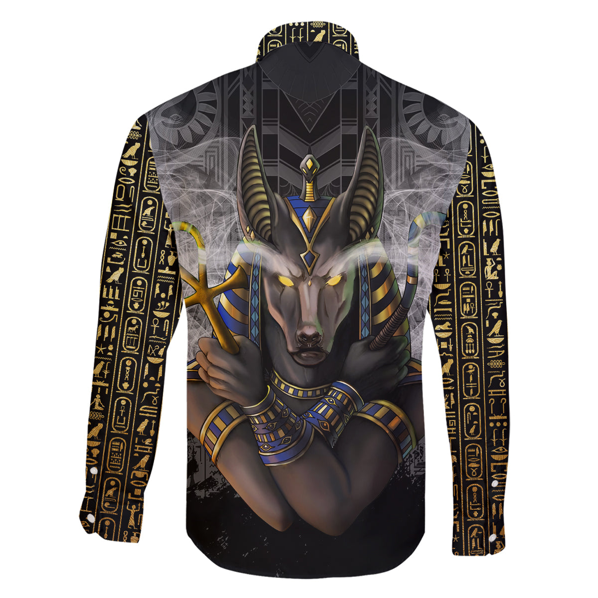 Anubis Family Matching Long Sleeve Bodycon Dress and Hawaiian Shirt Egypt Pattern Black - Wonder Print Shop