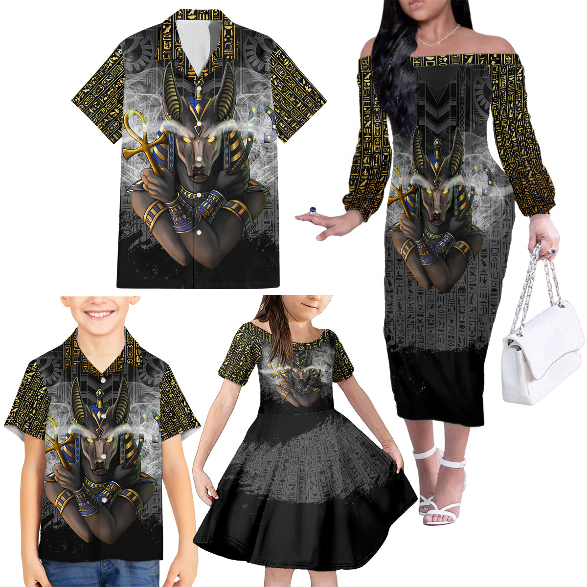 Anubis Family Matching Off Shoulder Long Sleeve Dress and Hawaiian Shirt Egypt Pattern Black