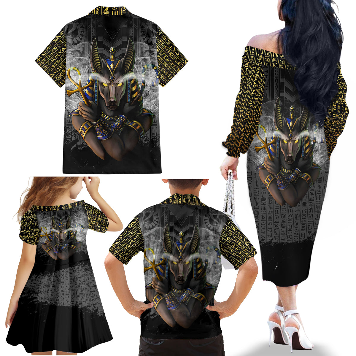 Anubis Family Matching Off Shoulder Long Sleeve Dress and Hawaiian Shirt Egypt Pattern Black - Wonder Print Shop