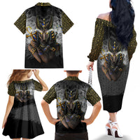 Anubis Family Matching Off Shoulder Long Sleeve Dress and Hawaiian Shirt Egypt Pattern Black - Wonder Print Shop