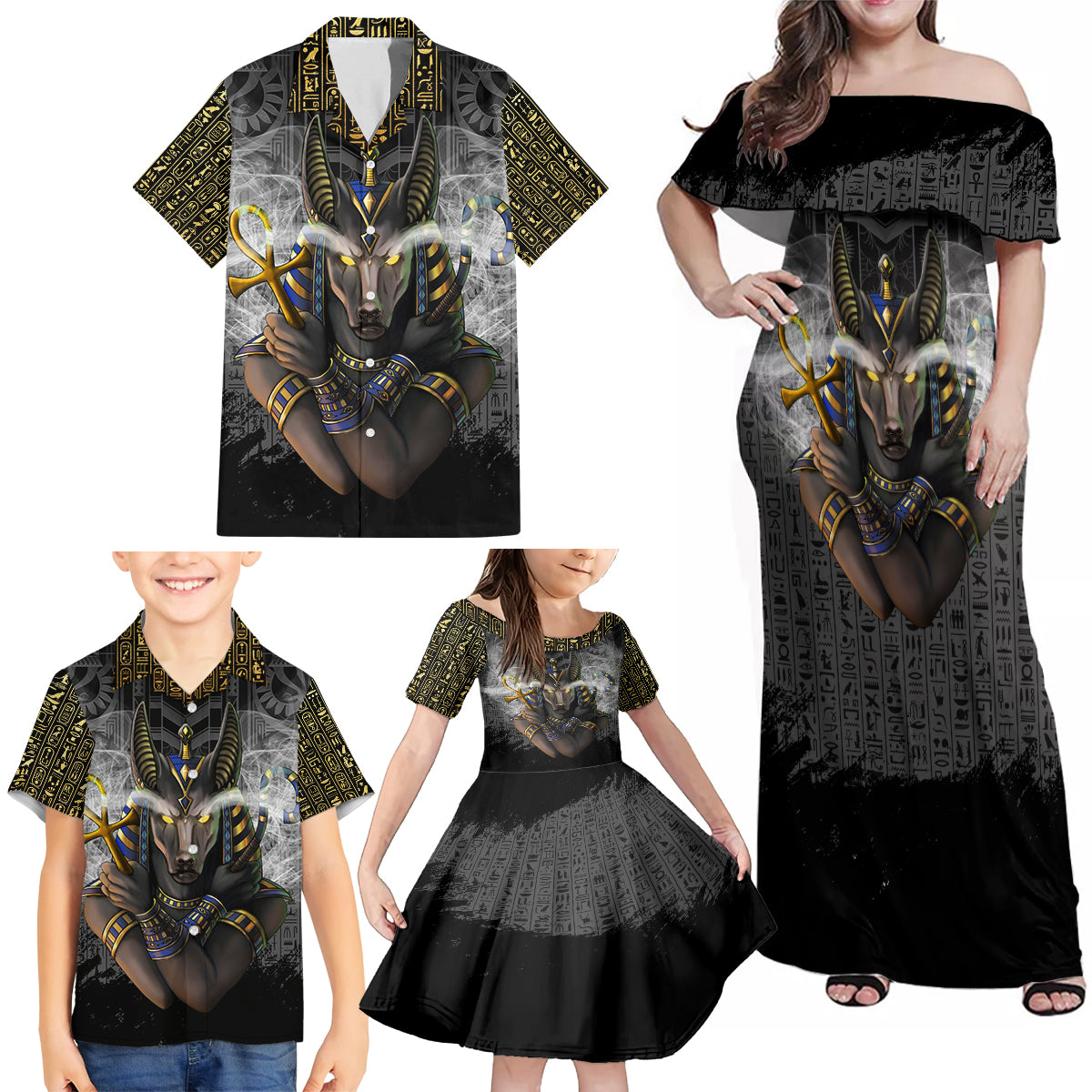 Anubis Family Matching Off Shoulder Maxi Dress and Hawaiian Shirt Egypt Pattern Black