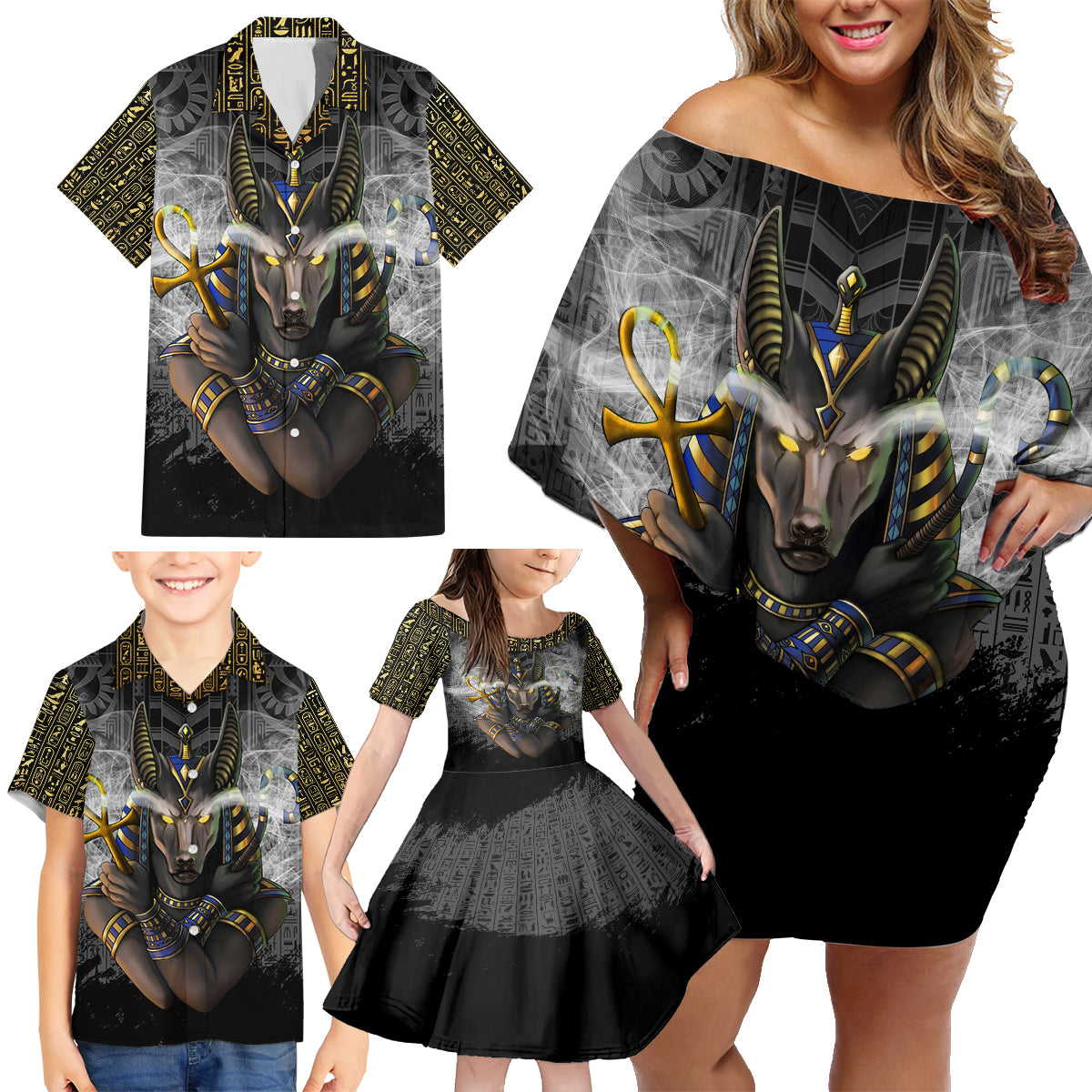 Anubis Family Matching Off Shoulder Short Dress and Hawaiian Shirt Egypt Pattern Black