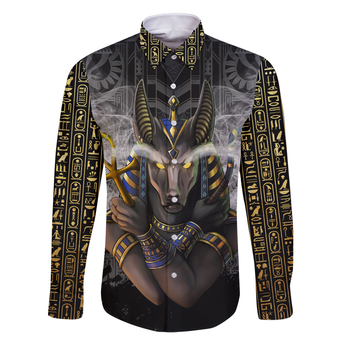 Anubis Family Matching Off Shoulder Short Dress and Hawaiian Shirt Egypt Pattern Black - Wonder Print Shop