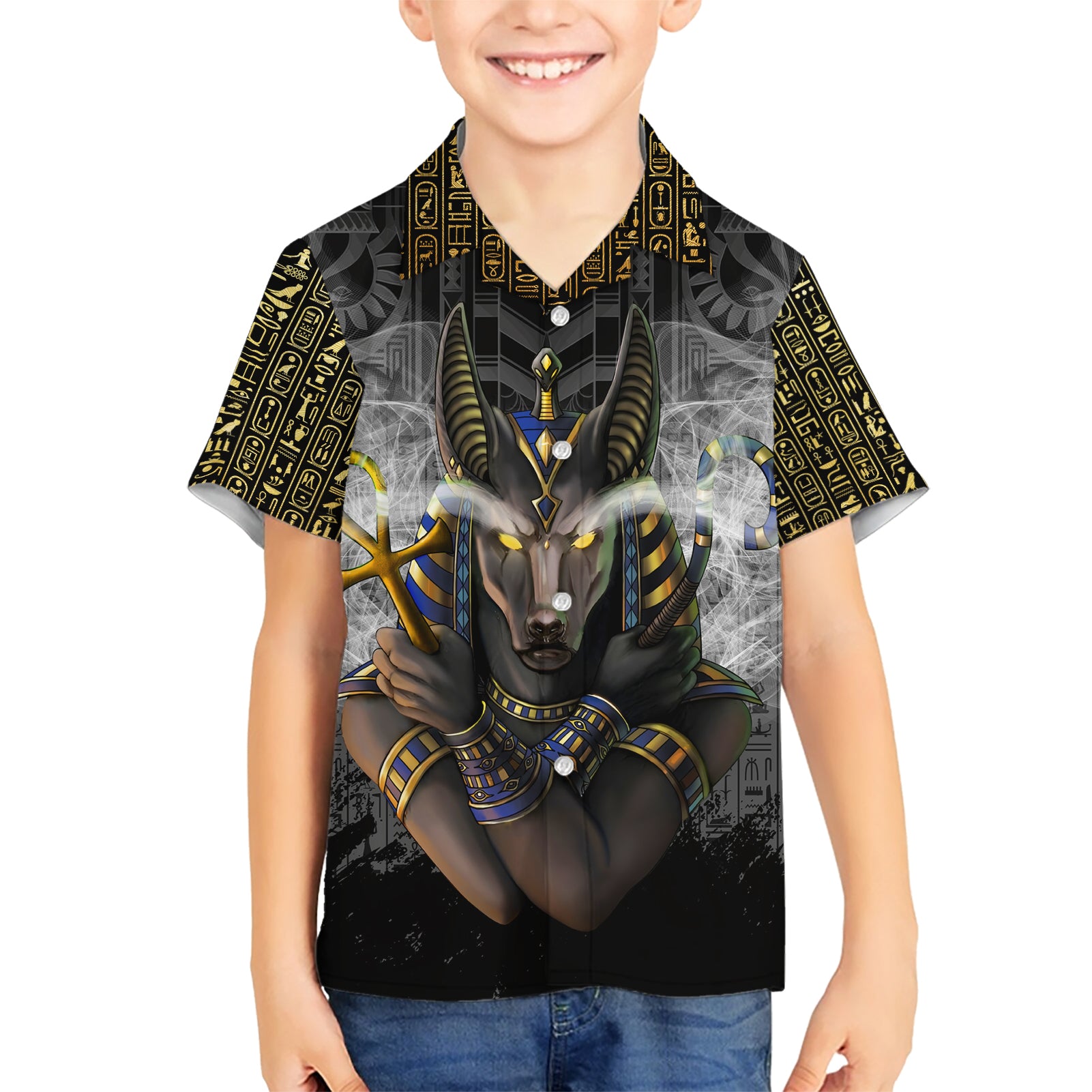 Anubis Kid Hawaiian Shirt Egypt Pattern Black