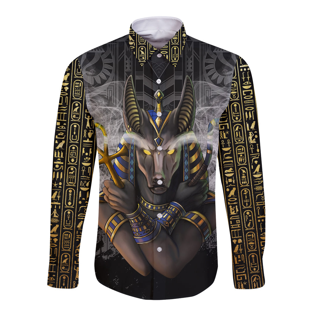 Anubis Long Sleeve Button Shirt Egypt Pattern Black - Wonder Print Shop